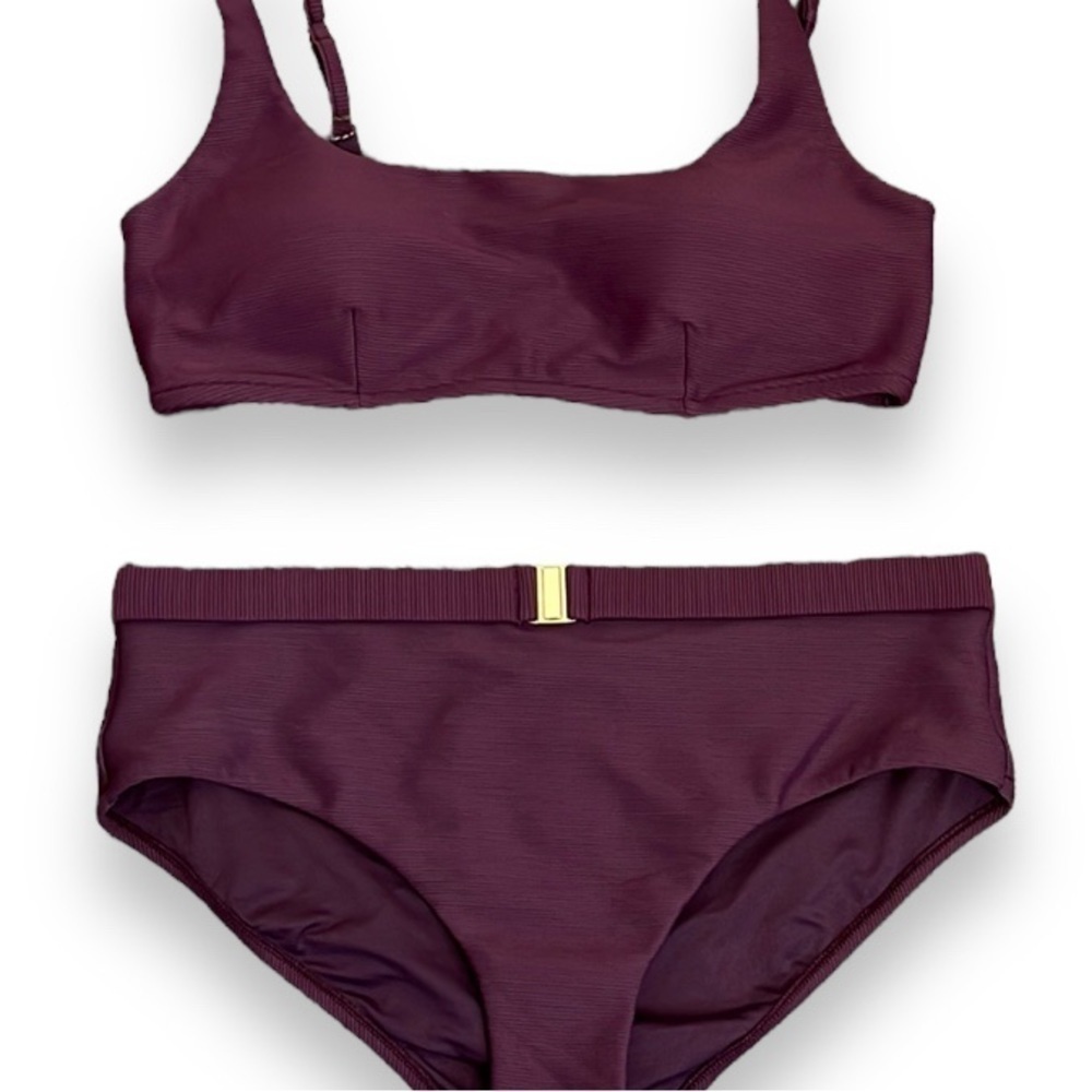 Milea Bikini Swimsuit Burgundy, Maroon Ribbed Textured Womens 14 Gold Accents
